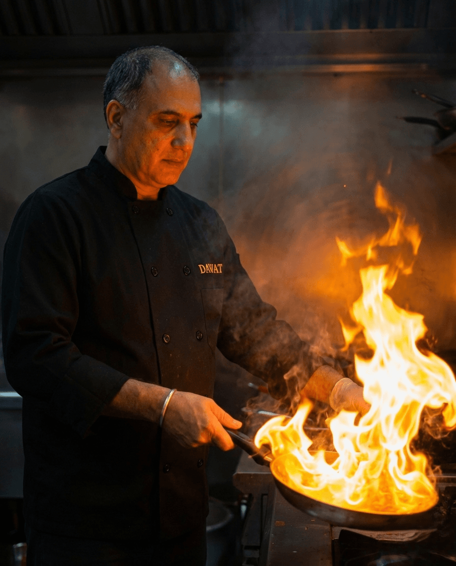Chef Santokh Singh cooking in the kitchen